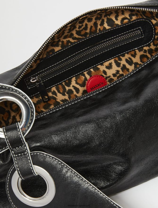 acessório ponto MAX&Co. mulheres bolsa hobo de couro napa craquelada preto B40R641026