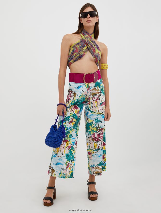 vestuário ponto MAX&Co. mulheres calças largas de popeline de algodão padrão azul claro B40R64699