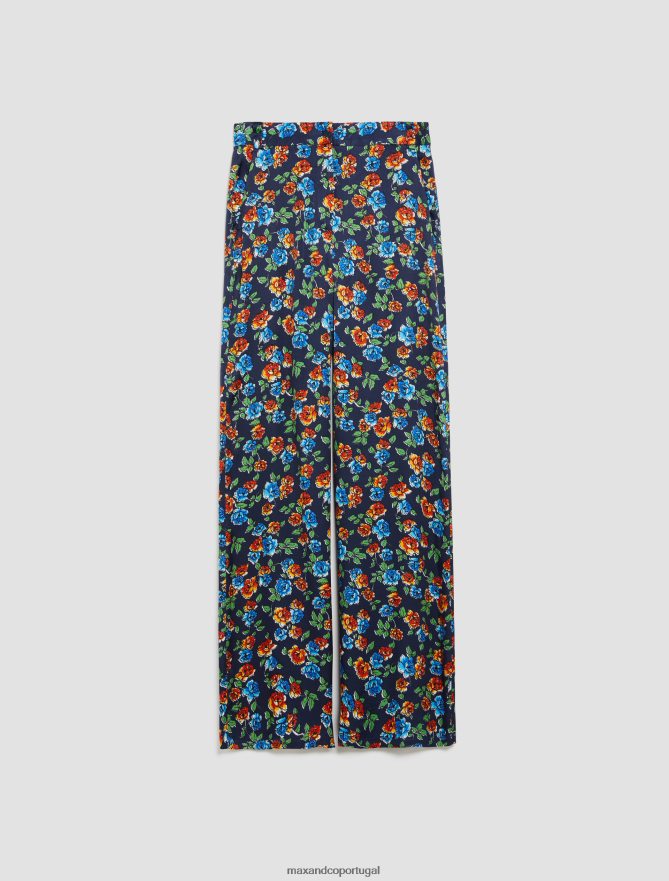 vestuário ponto MAX&Co. mulheres pessoas, lugares, calças de cetim coloridas padrão azul marinho B40R64683
