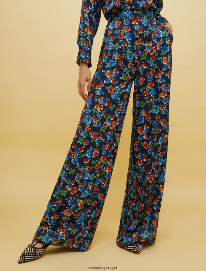 vestuário ponto MAX&Co. mulheres pessoas, lugares, calças de cetim coloridas padrão azul marinho B40R64683