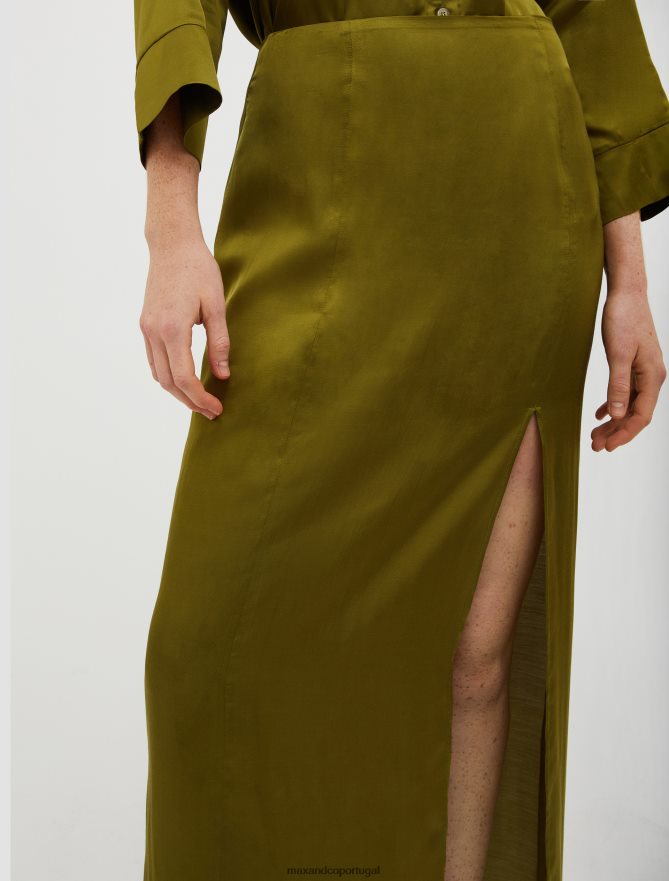 vestuário ponto MAX&Co. mulheres saia de cetim com fenda lateral verde oliva B40R64755