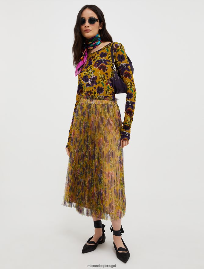 vestuário ponto MAX&Co. mulheres saia midi plissada em tule e jersey verde oliva B40R64759