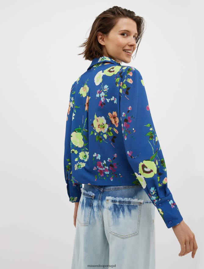vestuário ponto MAX&Co. mulheres blusa zibelina com estampa floral padrão azul chinês B40R64531