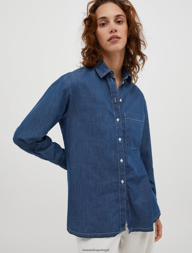 vestuário ponto MAX&Co. mulheres camisa de cambraia assimétrica azul da meia noite B40R64511