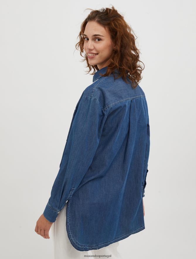 vestuário ponto MAX&Co. mulheres camisa de cambraia assimétrica azul da meia noite B40R64511