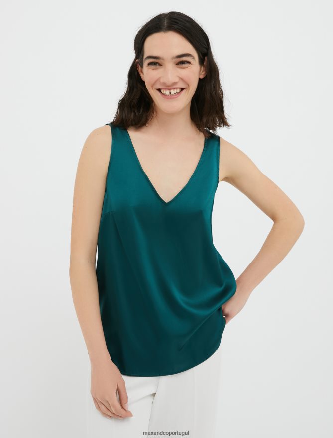 vestuário ponto MAX&Co. mulheres blusa de cetim de seda elástica com decote em V verde escuro B40R64489