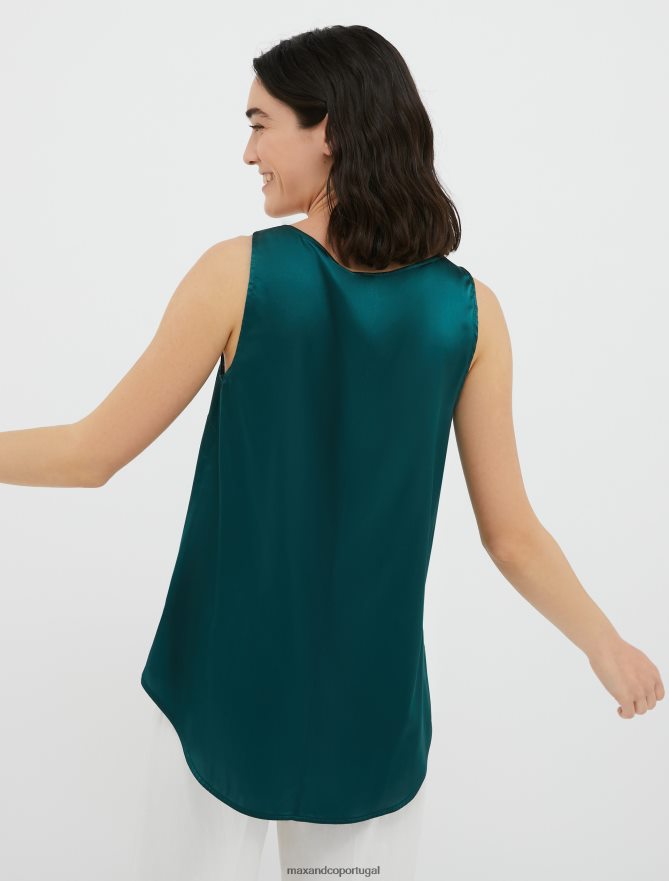 vestuário ponto MAX&Co. mulheres blusa de cetim de seda elástica com decote em V verde escuro B40R64489