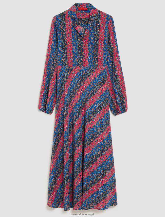 vestuário ponto MAX&Co. mulheres pessoas, lugares, vestido de seda colorido padrão azul marinho B40R6434
