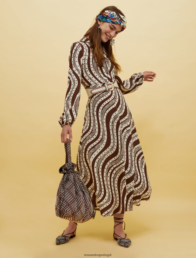 vestuário ponto MAX&Co. mulheres pessoas, lugares, vestido de seda colorido padrão marrom B40R6433