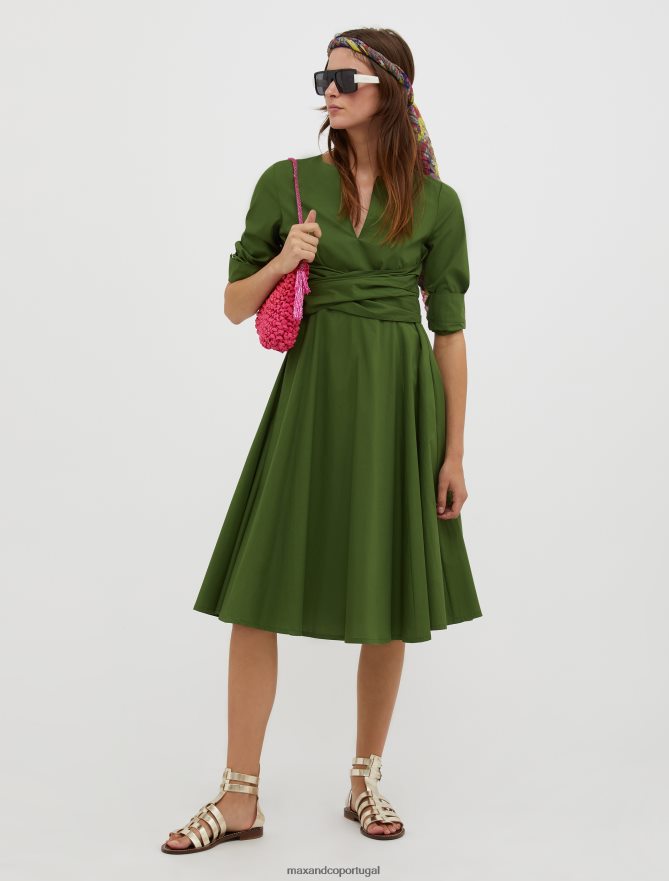 vestuário ponto MAX&Co. mulheres vestido corola de popeline de algodão musgo verde B40R6459