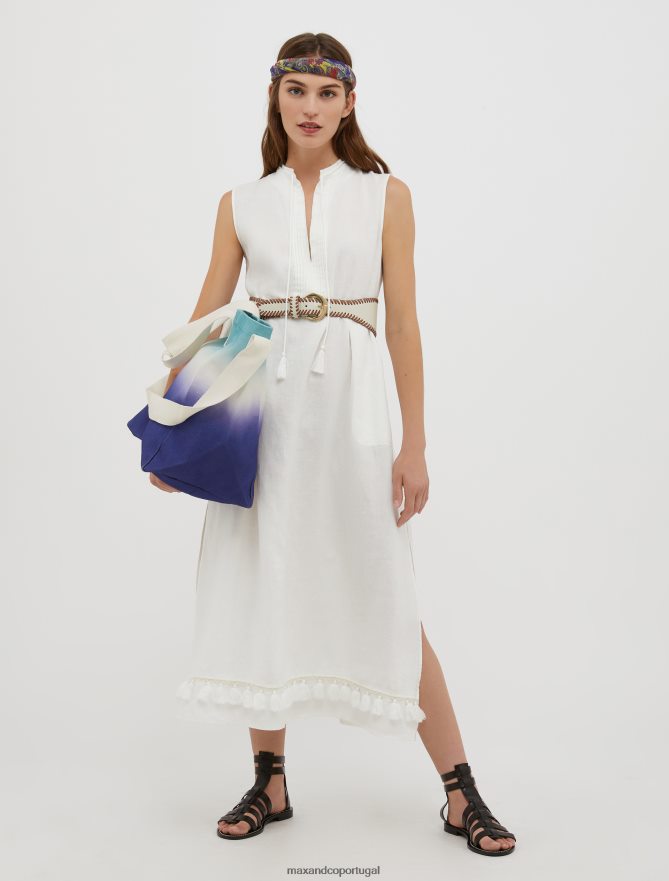 vestuário ponto MAX&Co. mulheres vestido de linho com borlas marfim B40R6424