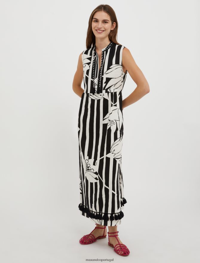 vestuário ponto MAX&Co. mulheres vestido de linho com borlas padrão preto B40R6423