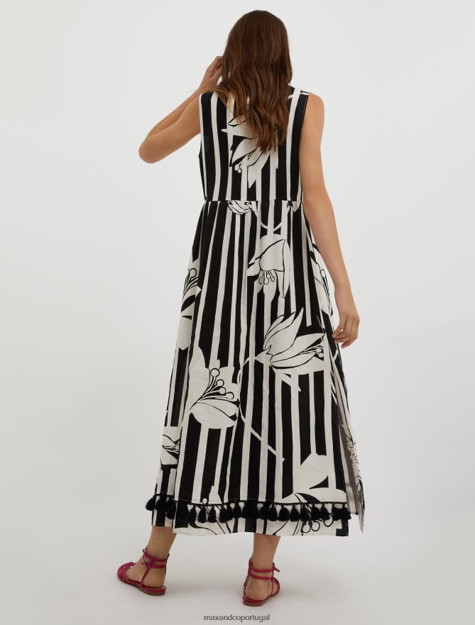 vestuário ponto MAX&Co. mulheres vestido de linho com borlas padrão preto B40R6423