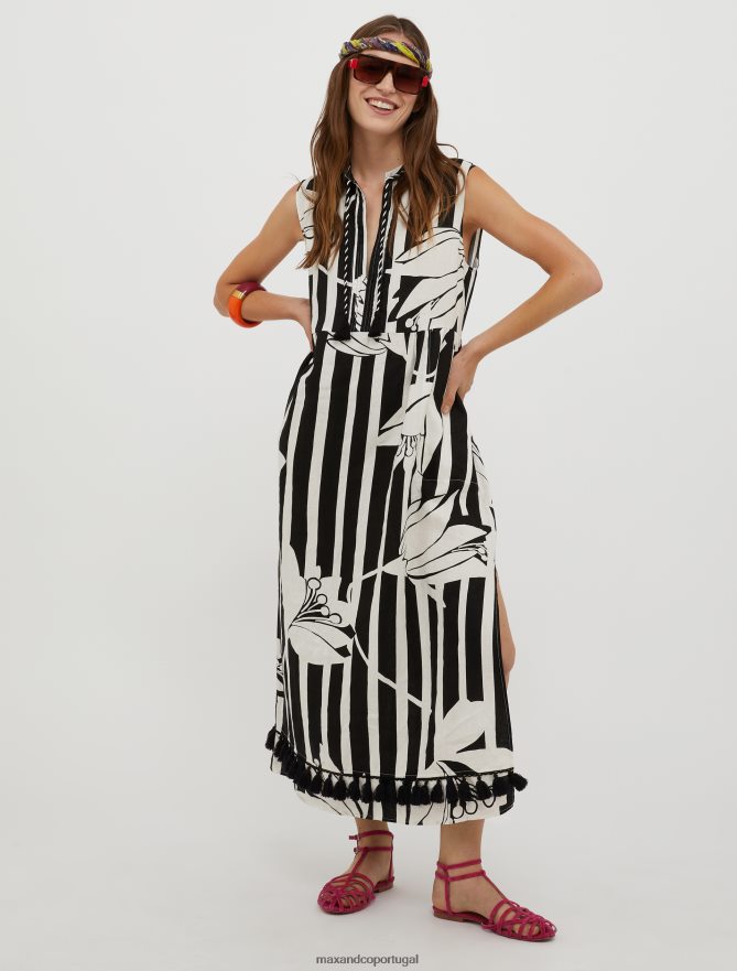 vestuário ponto MAX&Co. mulheres vestido de linho com borlas padrão preto B40R6423