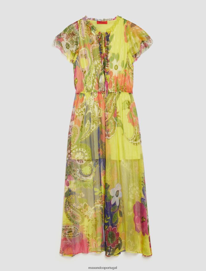 vestuário ponto MAX&Co. mulheres vestido maxi de chiffon de seda coxo padrão azul marinho B40R6470