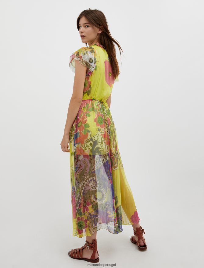 vestuário ponto MAX&Co. mulheres vestido maxi de chiffon de seda coxo padrão azul marinho B40R6470