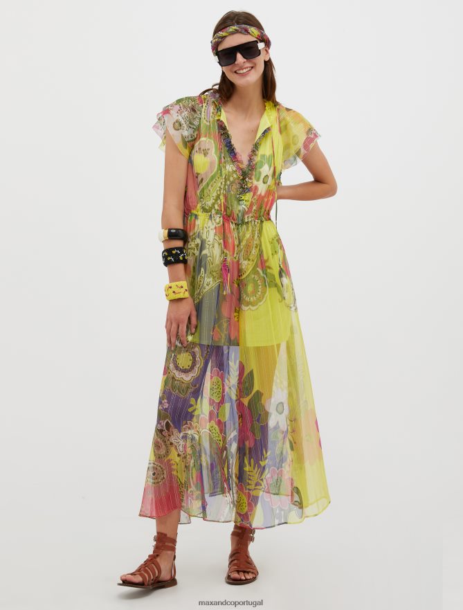 vestuário ponto MAX&Co. mulheres vestido maxi de chiffon de seda coxo padrão azul marinho B40R6470