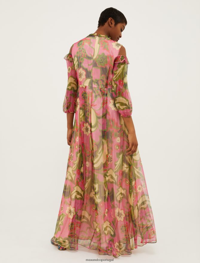 vestuário ponto MAX&Co. mulheres vestido maxi de crepon de seda antigo padrão de rosa B40R6427