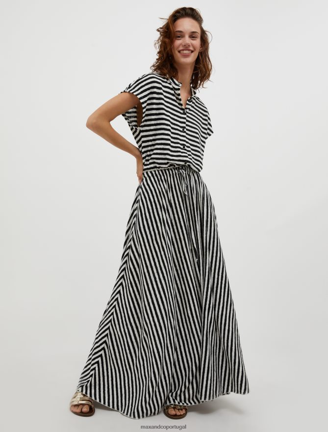 vestuário ponto MAX&Co. mulheres vestido maxi mescla de algodão e linho padrão preto B40R6498