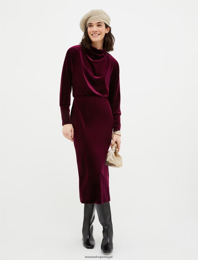 vestuário ponto MAX&Co. mulheres vestido midi em jersey de veludo Borgonha B40R6455