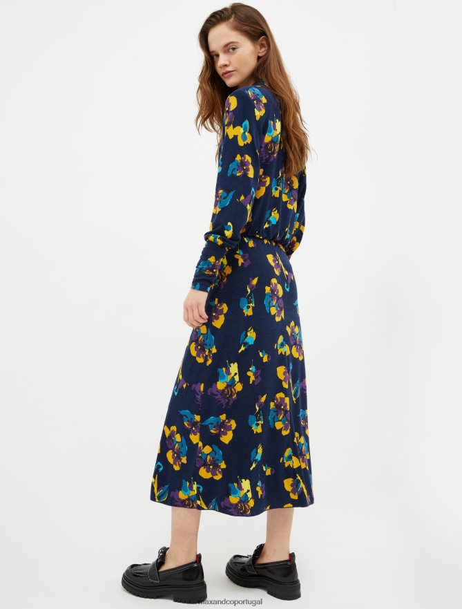 vestuário ponto MAX&Co. mulheres vestido midi floral em jersey de lã azul-marinho B40R6449