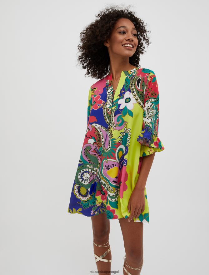 vestuário ponto MAX&Co. mulheres vestido túnica de seda pura padrão azul marinho B40R6469