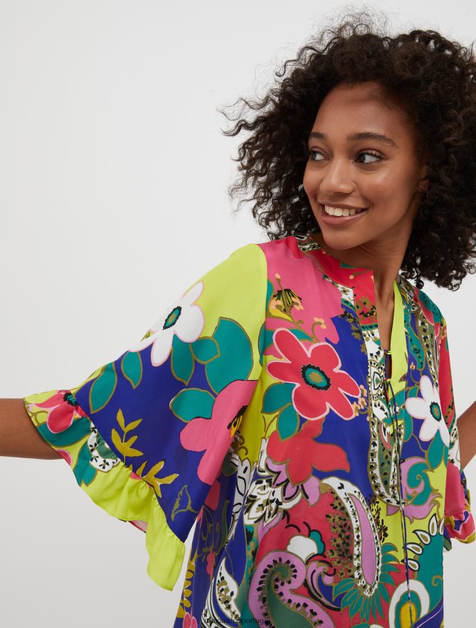 vestuário ponto MAX&Co. mulheres vestido túnica de seda pura padrão azul marinho B40R6469