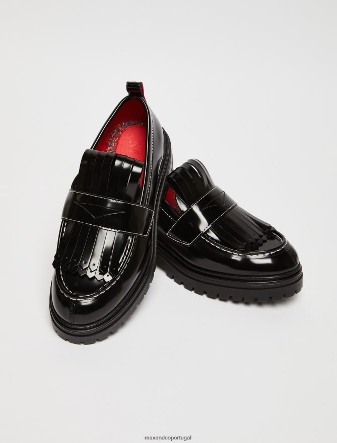 sapato ponto MAX&Co. mulheres mocassins com maxi franjas preto B40R64972