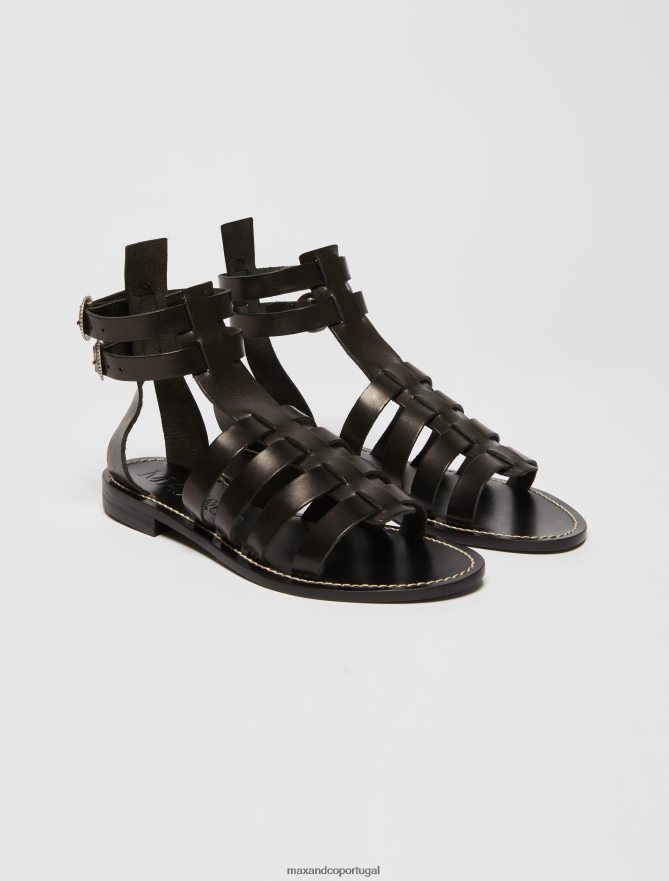 sapato ponto MAX&Co. mulheres sandálias gladiadoras de couro preto B40R64943