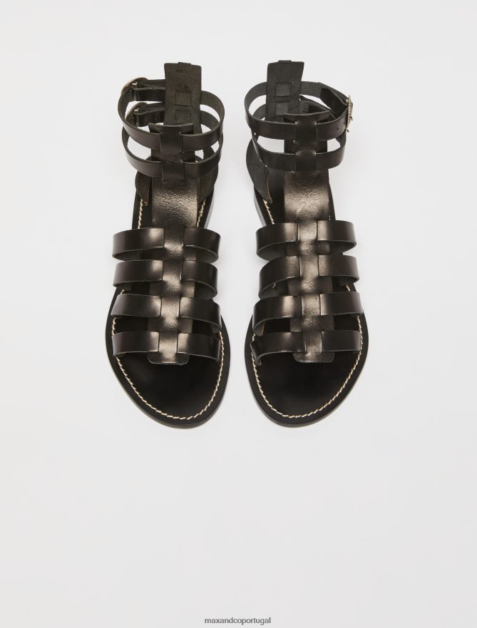 sapato ponto MAX&Co. mulheres sandálias gladiadoras de couro preto B40R64943